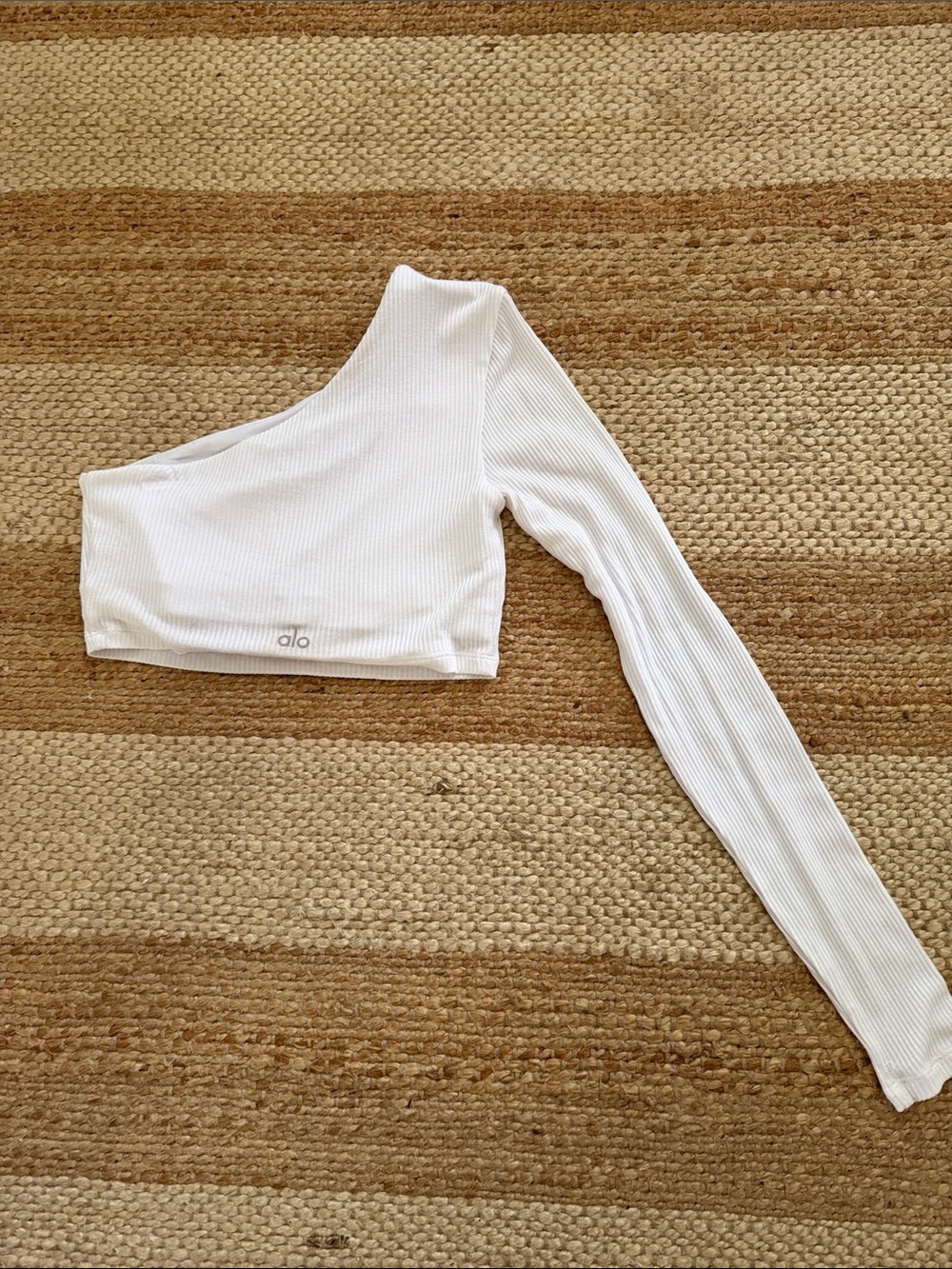ALO Yoga White One-Shoulder Ribbed Long-Sleeve Crop Top